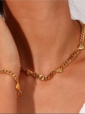 18K Gold plated Heart Charm Cuban Chain Necklace - Women Jewelry